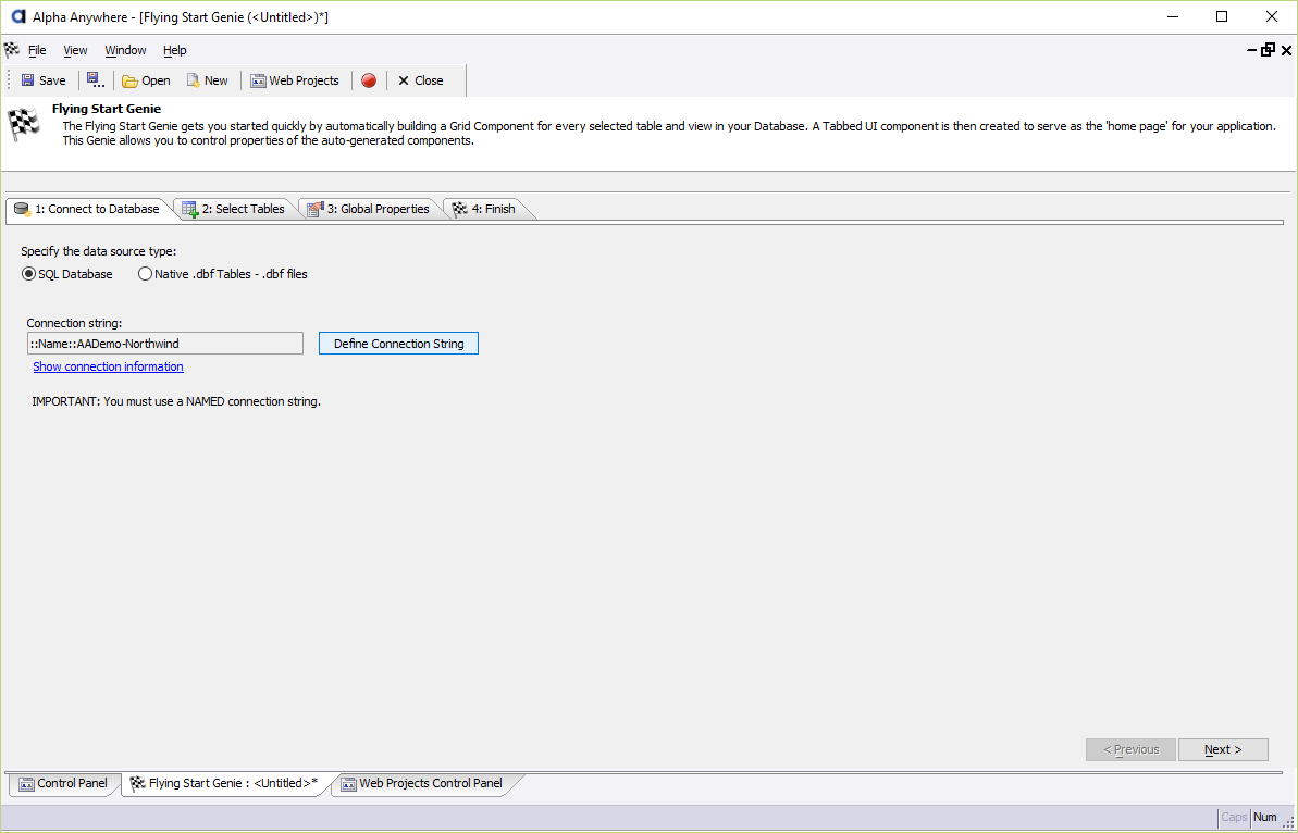 The Connection String is configured. The next step is to select tables from the database.